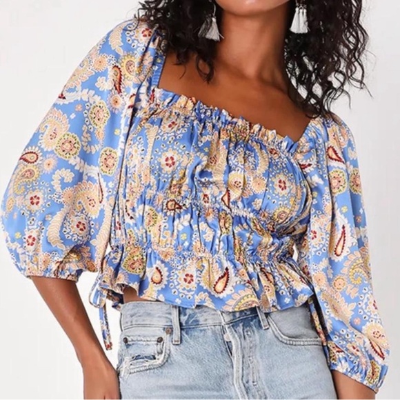 Lulus Tops - Lulus Blue Paisley + Floral Blouse
